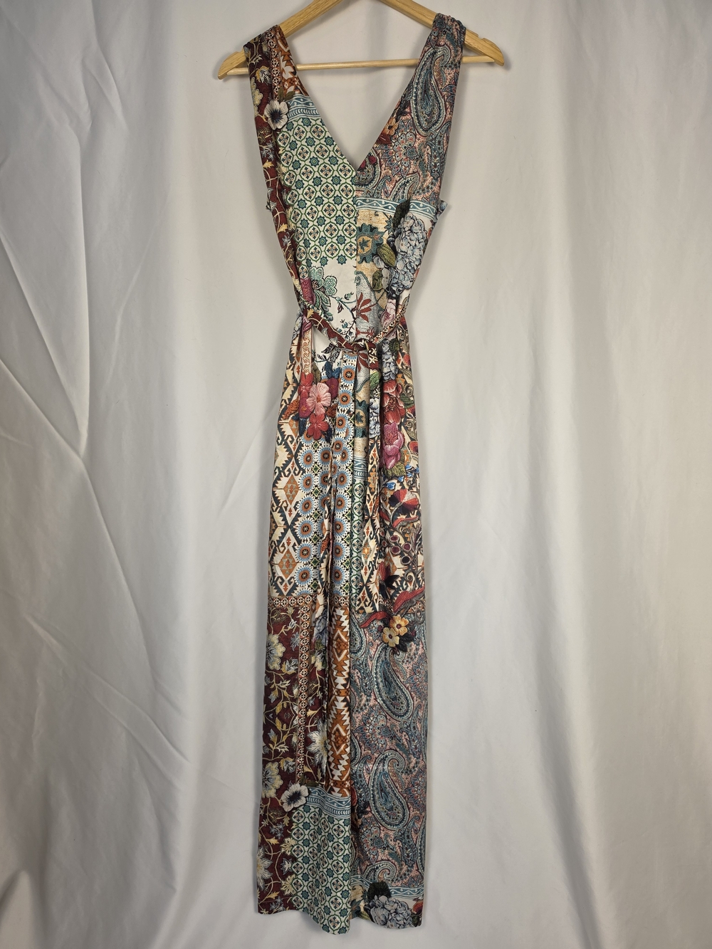 Zara Multicolor Patchwork Satin Effect Wide-Leg Jumpsuit Size Small - Picture 7 of 9